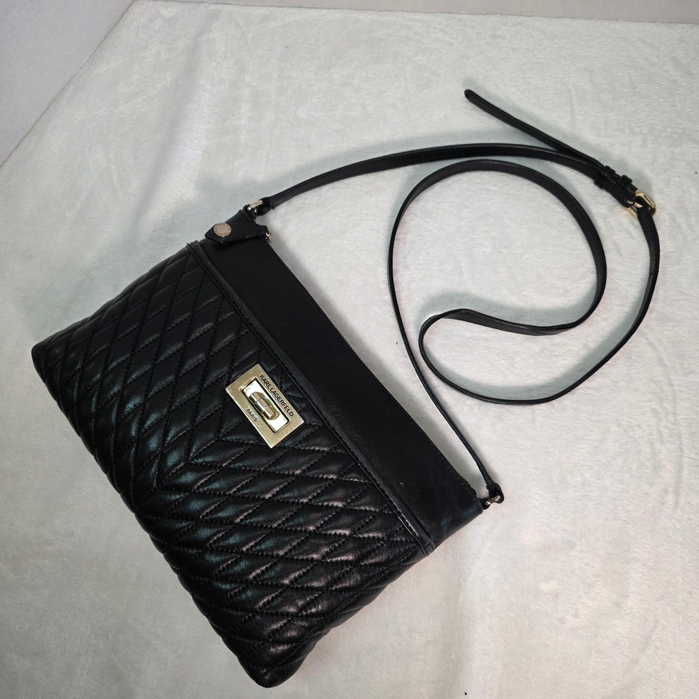 Karl‎ Lagerfeld Paris Black Quilted Leather Crossbody Bag LH7EB362 Gold Hardware